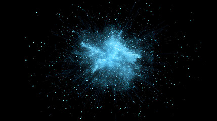 A bright blue starburst with glowing particles on a black background. Starburst. Illustration