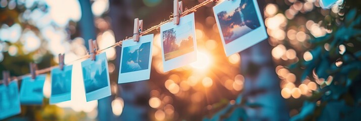 Poster - Polaroid pictures hang on string with clothespins against a warm sunset backdrop creating a nostalgic atmosphere. Generative AI