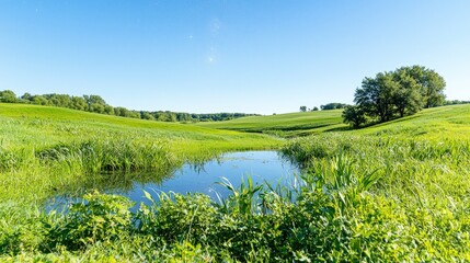 Sticker - Serene summer landscape with a small pond in a lush green field under a clear blue sky.