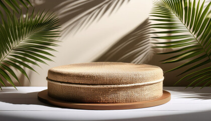 Poster - layered podium wrapped in woven jute fabric, surrounded by palm leaves and soft shadows, creates serene and natural ambiance
