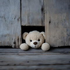 Wall Mural -  Teddy bear peeking out from rustic wooden panels, cozy childhood memories, adorable stuffed toy photography, perfect for nursery  kids' room inspiration, and gifting ideas