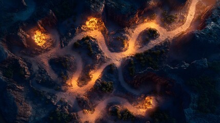 Wall Mural - Top view of a canyon floor with winding paths and scattered desert vegetation glowing under soft light