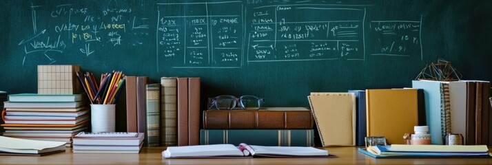 Aufkleber - Organized study space with books, notebooks, and stationery on a wooden desk in a classroom setting. Generative AI
