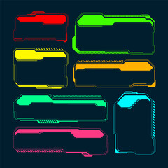 Poster - Futuristic HUD or UI elements. Sci-fi user interface text boxes, callouts. Colorful warning message frame, information boxes template. Modern game interface layout, digital style. Vector illustration