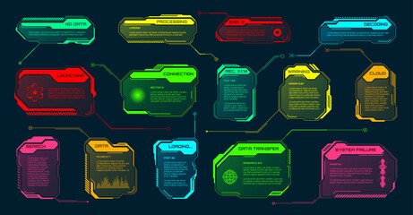 Poster - Futuristic HUD or UI elements. Sci-fi user interface text boxes, callouts. Colorful warning message frame, information boxes template. Modern game interface layout, digital style. Vector illustration