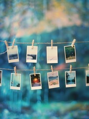 Poster - Colorful polaroid pictures hanging on a string with clothespins against an artistic background. Generative AI
