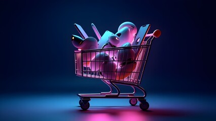 A shopping cart with tech gadgets under glowing neon lights