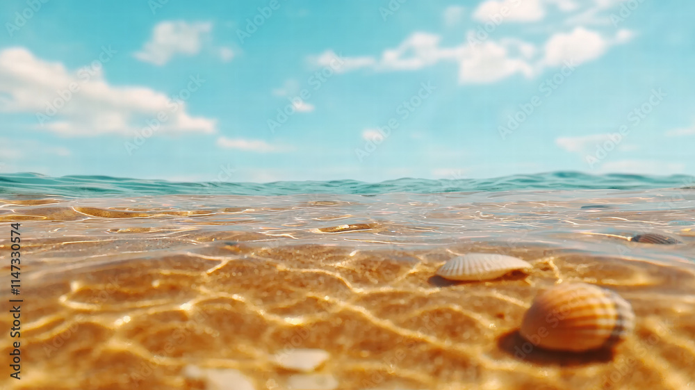 A serene beach scene featuring gentle waves, golden sand, and a ...