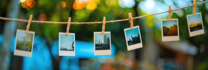 Poster - Polaroid photographs displayed on a string with clothespins in a serene outdoor setting. Generative AI