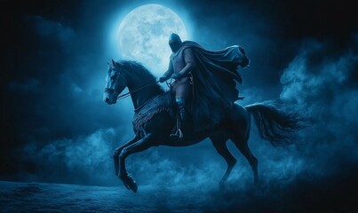 Dark knight, black steed, moonlit night, misty landscape.