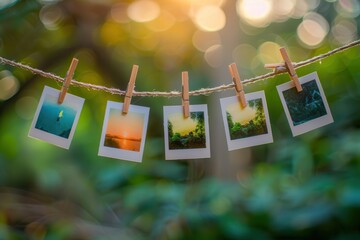 Poster - Polaroid photos displayed on a string with clothespins against a vibrant outdoor backdrop during golden hour. Generative AI