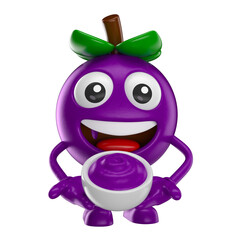 Wall Mural - Acai Berry Character Smiling With Bowl Cartoon 3D Render with transparent background
