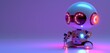 © Company  - A small 3D robot with a round head and blinking lights, holding a tiny robot companion on a purple background.