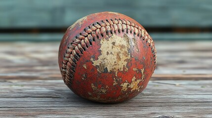 Worn, red baseball on weathered wood.