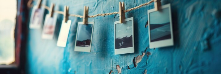Poster - Polaroid memories displayed on string with clothespins against a textured blue wall for a nostalgic atmosphere. Generative AI