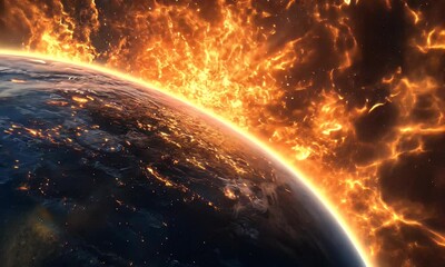 Wall Mural - A fiery explosion near a planet, depicting cosmic phenomena and the beauty of the universe.