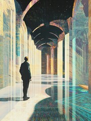 Aufkleber - A visitor explores a digital gallery filled with vibrant virtual artworks and interactive avatars, surrounded by a mesmerizing architecture. Generative AI