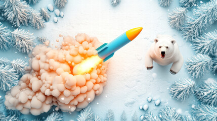 Russia war ukraine polar bear watches blue and yellow missile launch amidst snowy trees, creating dramatic scene filled with excitement and wonder