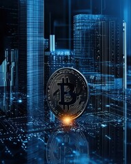 Poster - Glowing cryptocurrency coin amidst futuristic cityscape digital art nighttime macro view technology concept