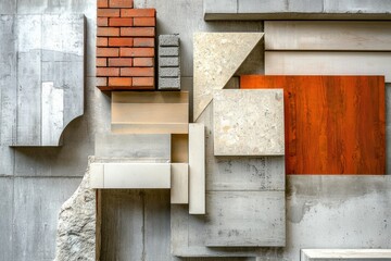 Aufkleber - Construction materials display featuring bricks, wood, and concrete blocks in a modern arrangement. Generative AI