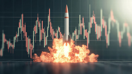 Poster - rocket launching amidst fluctuating stock market graph symbolizes volatility and explosive growth. image captures dynamic nature of financial markets and innovation