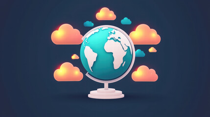 Poster - digital globe surrounded by glowing clouds, representing connectivity and technology. vibrant colors and modern design evoke sense of innovation and global awareness