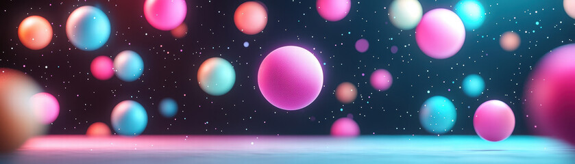 Wall Mural - Colorful neon spheres floating in dark space create vibrant atmosphere. scene is filled with pink, blue, and purple hues, evoking sense of wonder and creativity