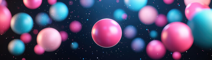 Poster - Colorful spheres float in dark space, creating vibrant and dreamy atmosphere. neon pink, blue, and purple hues add playful touch to scene, evoking sense of wonder