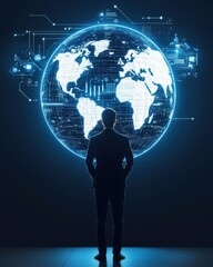 Poster - Businessperson silhouette analyzing global data visualization digital environment future insights