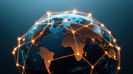Poster - high tech globe illuminated by glowing lines, representing global connectivity and data exchange. intricate network highlights interconnectedness of continents and countries