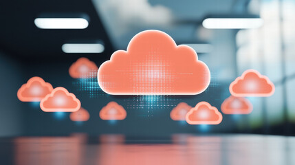 Aufkleber - Holographic cloud display representing digital connectivity and technology. This futuristic visualization showcases interconnected clouds in modern workspace environment