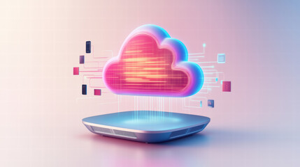 Poster - hyperrealistic smart router projecting colorful cloud with data streams, symbolizing cloud computing and connectivity. vibrant design showcases modern technology
