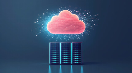 Poster - digital cloud above server rack symbolizes data storage and connectivity. vibrant colors and glowing effects create futuristic atmosphere, representing technology and innovation
