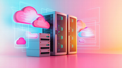Poster - set of glowing servers with digital clouds vibrant gradient background. This futuristic scene represents advanced technology and data storage solutions, evoking sense of innovation and
