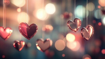 Poster - Beautiful Glowing Hearts Hanging in a Dreamy Soft Focus Background