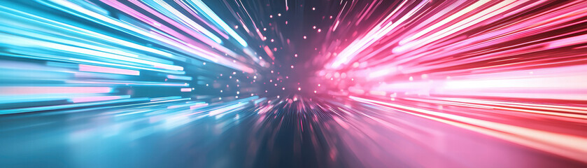 Aufkleber - Vibrant abstract digital landscape with bold neon tones, showcasing dynamic light streaks in blue and pink hues, creating sense of motion and energy