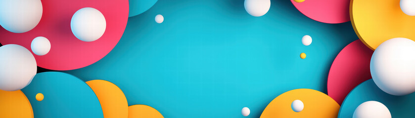 Poster - Vibrant abstract shapes in pink, blue, yellow, and white create playful background. design features circular forms and lively color palette, perfect for modern visuals