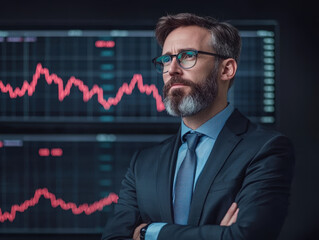 Poster - businessman in suit stands confidently in front of financial graphs, showcasing market trends and data analysis. His thoughtful expression reflects determination and focus