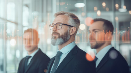  - Business professionals in suits with futuristic financial dashboard overlay, showcasing data analysis and growth trends. atmosphere is focused and innovative