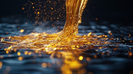 Poster - Liquid gold spilling into a pool with dynamic ripples abstract art dark environment close-up viewpoint