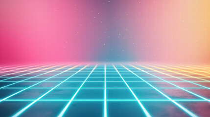 Poster - Vibrant futuristic background with glowing grid and soft pastel colors. scene evokes sense of nostalgia and creativity, perfect for digital art and design projects