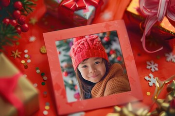 Aufkleber - Cheerful girl in winter hat surrounded by festive decorations for a holiday greeting card. Generative AI