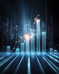 Poster - Dynamic upward streaming bar graph with soft glow in a futuristic digital city business analytics environment