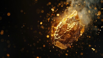 Poster - This image features an abstract floating object against a black background, highlighting intricate textures and golden tones, creating a mesmerizing visual effect.