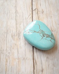 Poster - Natural turquoise stone with unique veining on rustic wood surface close-up serene environment