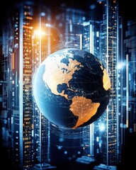 Poster - Stylized earth surrounded by vertical glowing data digital landscape sci-fi environment futuristic viewpoint