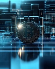 Poster - Glowing cryptocurrency coin in a digital cityscape macro view futuristic environment technology concept