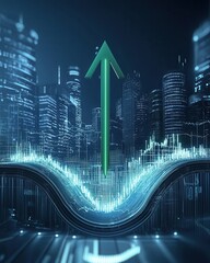 Poster - Upward motion green arrow symbolizing growth in urban financial landscape data visualization futuristic city environment