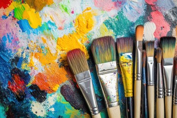 Aufkleber - Colorful artist brushes and vibrant paints arranged on a textured canvas with open space for creativity. Generative AI