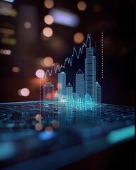 Poster - Dynamic business growth visualization digital cityscape infographic urban environment low angle view neon lights impact